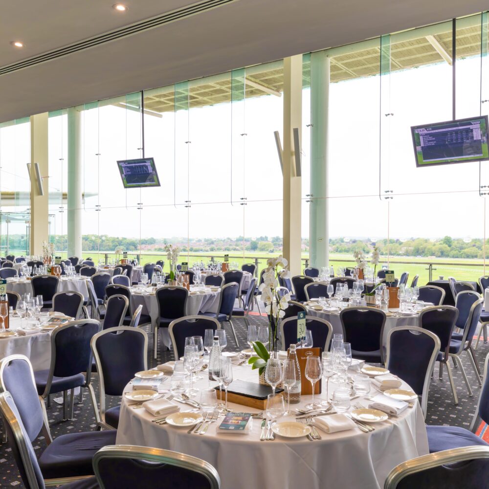 event tables set up overlooking York Racecourse
