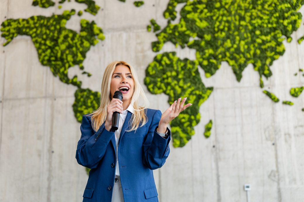 a conference speaker talking about sustainability at events